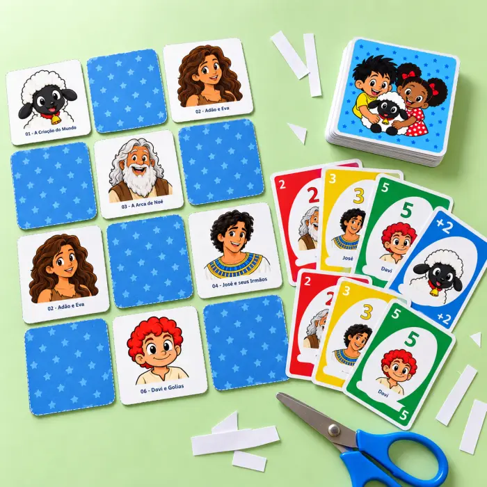 Jogo da memória e UNO Bíblico com os personagens dos gibis